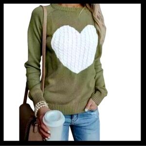 ✨Army Green & White Heart Cable Knit Sweater✨